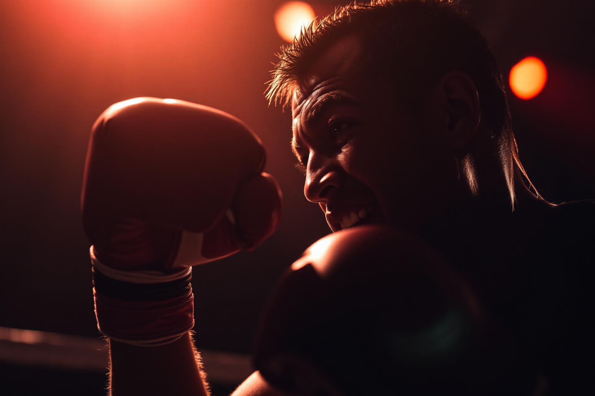 Boxer mid-punch under dramatic ring lighting